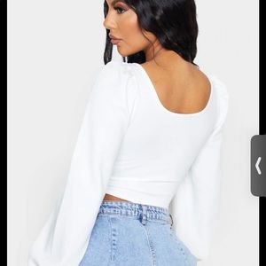 White Binding Balloon Sleeve Crop Top